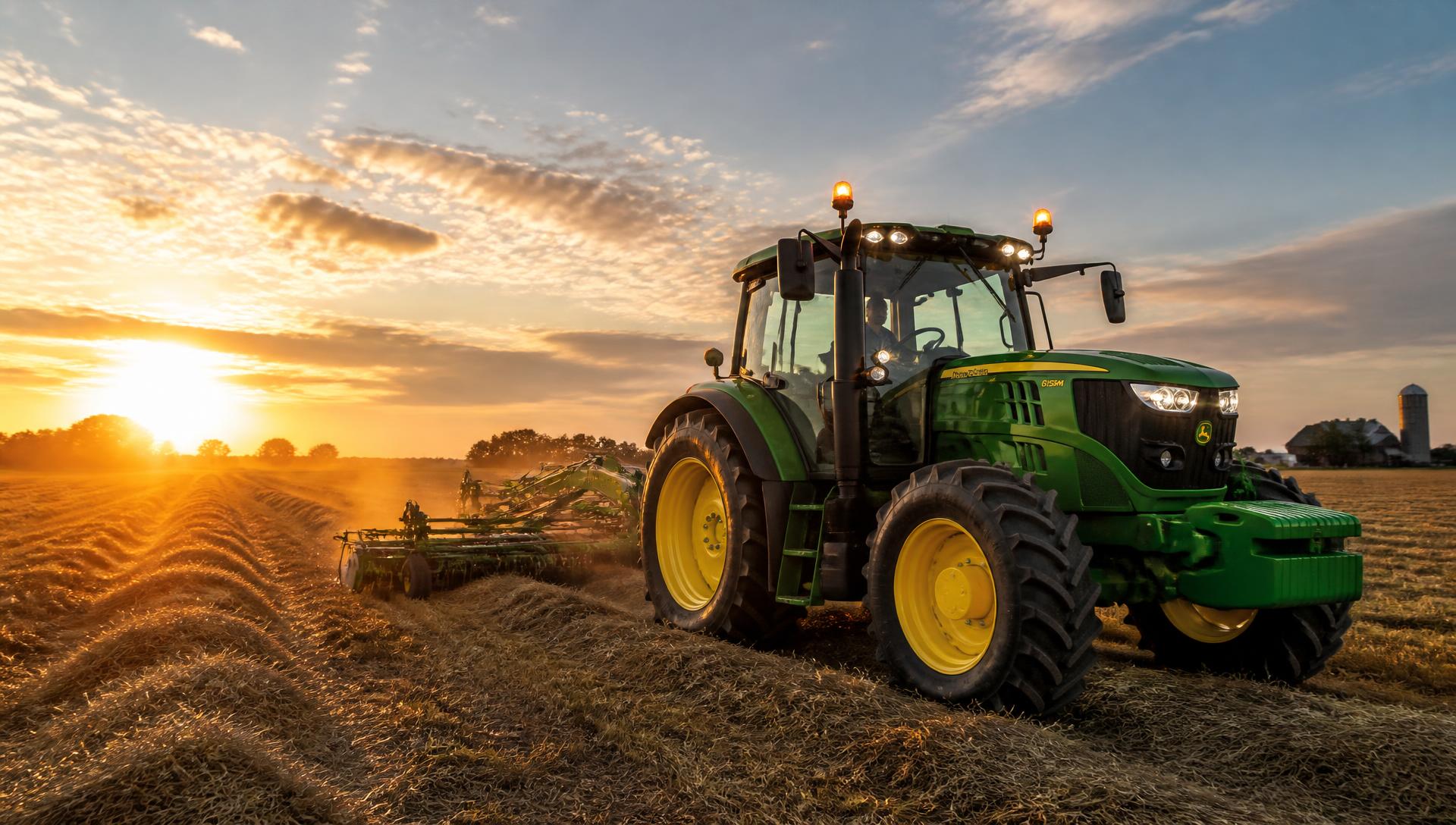 Green and yellow tractor working a hay field at sunset
